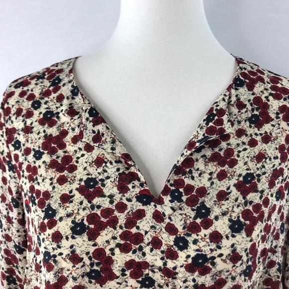 DR2 Cream Red Blue Floral Print Long Sleeve Notch Neck Blouse Size M - Picture 6 of 15